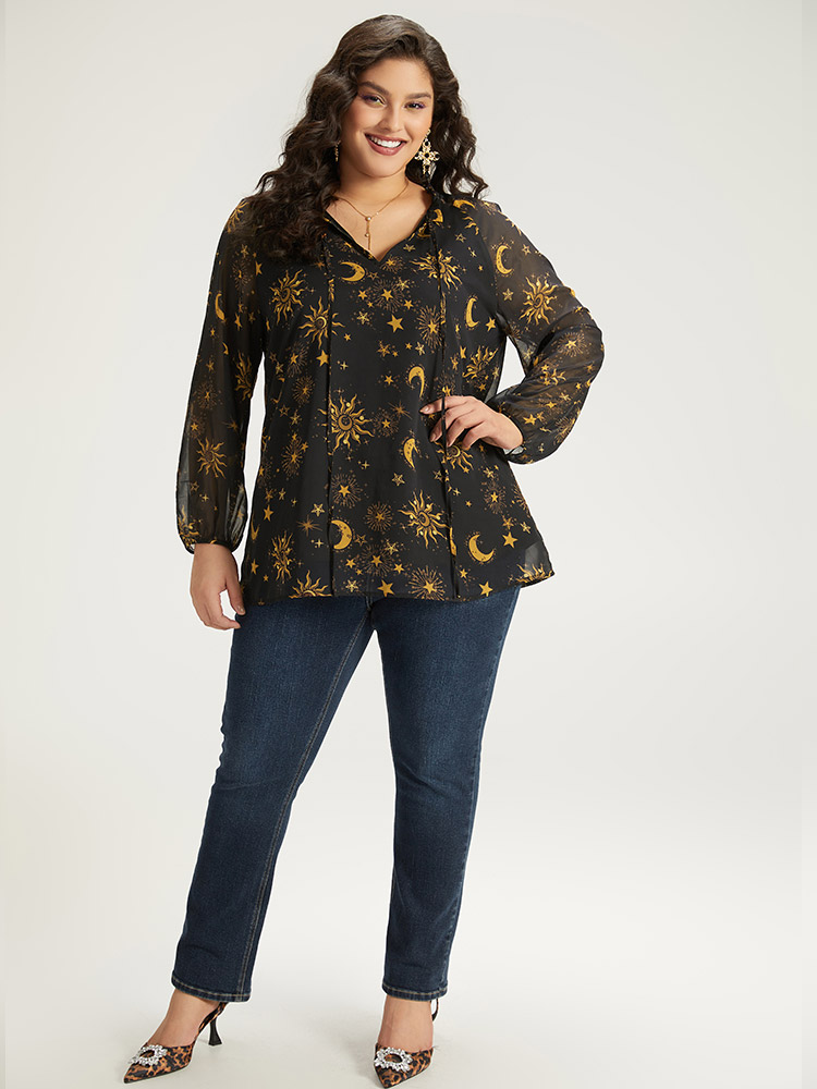 Plus Size Black Halloween Moon & Star Print Tie Neck Mesh Lantern Sleeve Blouse Women Elegant Long Sleeve Tie Neck Festival-Halloween Blouses BloomChic 14-16/1X 