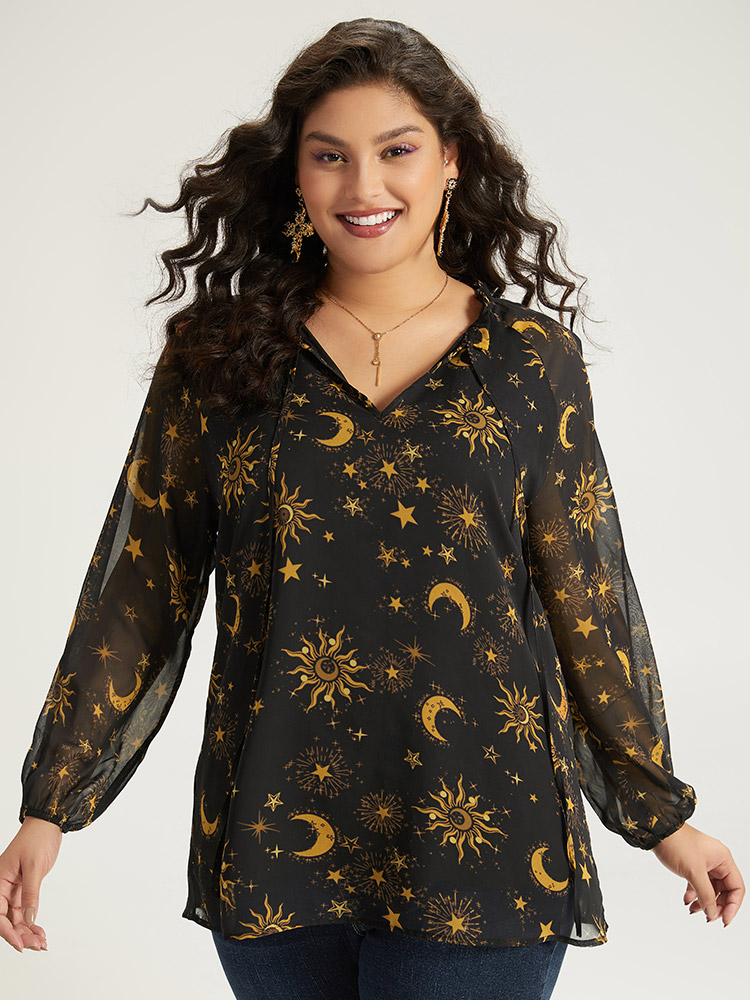 Plus Size Black Halloween Moon & Star Print Tie Neck Mesh Lantern Sleeve Blouse Women Elegant Long Sleeve Tie Neck Festival-Halloween Blouses BloomChic 14-16/1X 