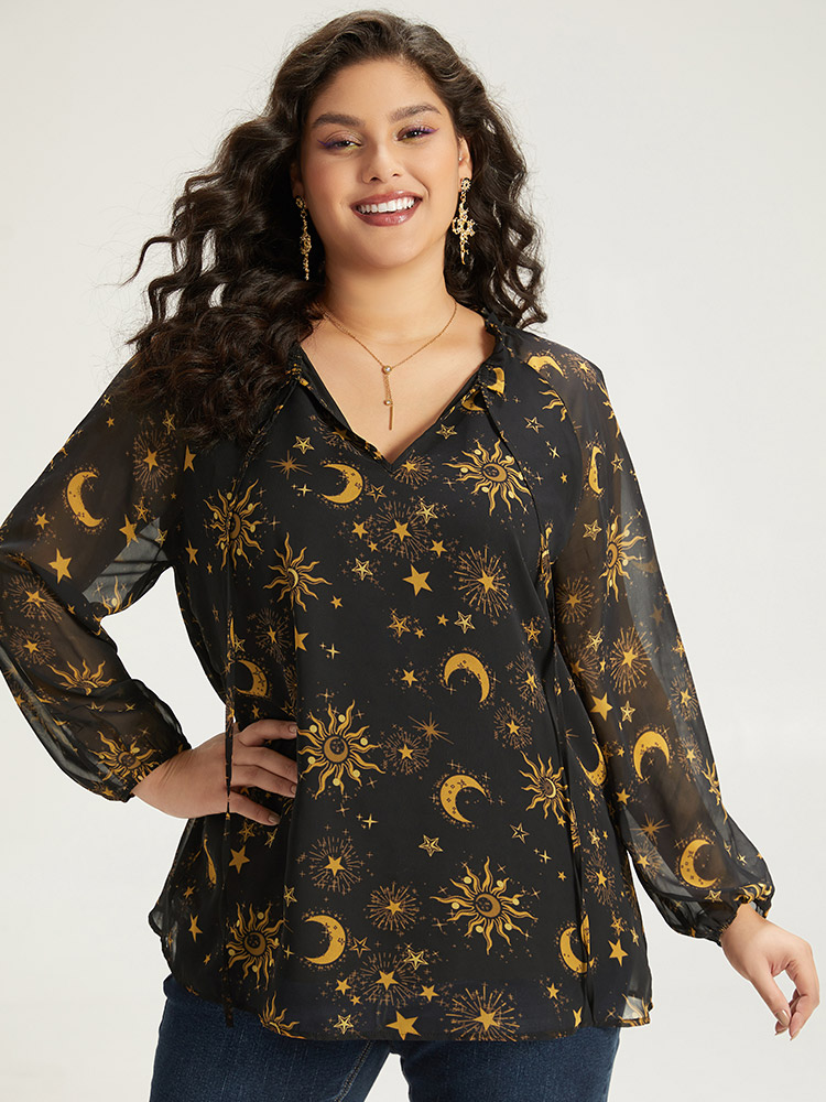 Plus Size Black Halloween Moon & Star Print Tie Neck Mesh Lantern Sleeve Blouse Women Elegant Long Sleeve Tie Neck Festival-Halloween Blouses BloomChic 14-16/1X 