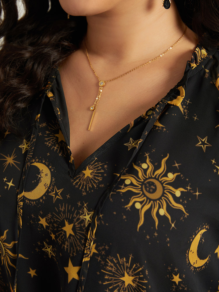 Plus Size Black Halloween Moon & Star Print Tie Neck Mesh Lantern Sleeve Blouse Women Elegant Long Sleeve Tie Neck Festival-Halloween Blouses BloomChic 14-16/1X 