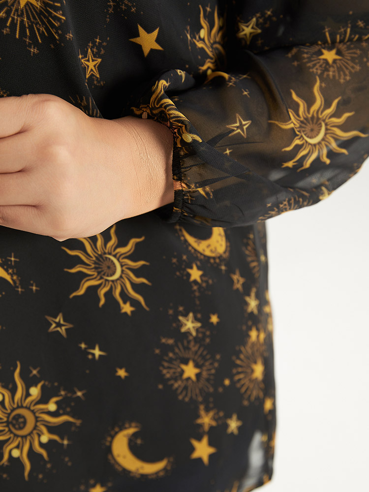 Plus Size Black Halloween Moon & Star Print Tie Neck Mesh Lantern Sleeve Blouse Women Elegant Long Sleeve Tie Neck Festival-Halloween Blouses BloomChic 14-16/1X 