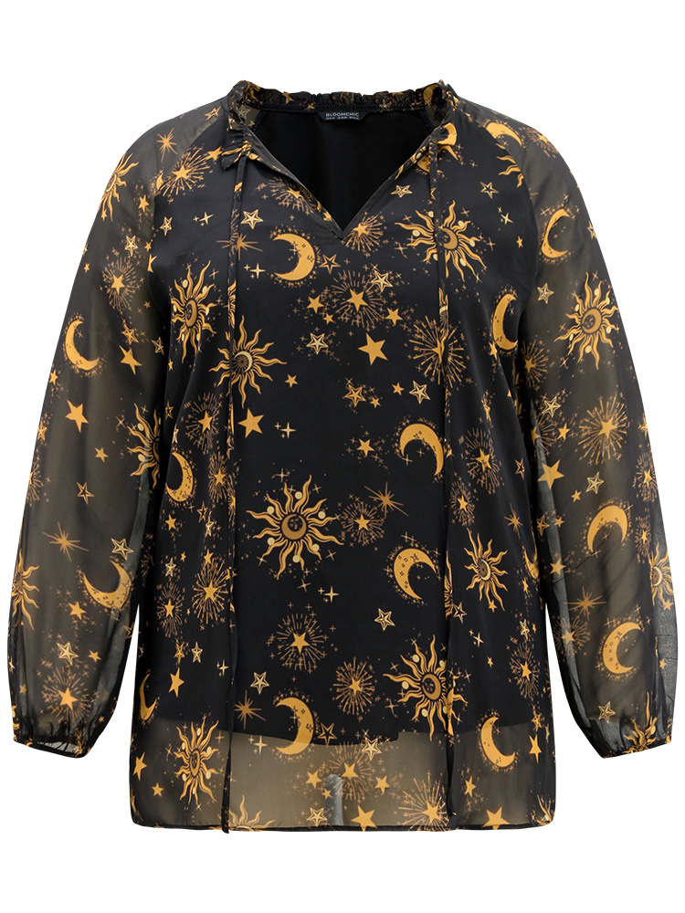 Plus Size Black Halloween Moon & Star Print Tie Neck Mesh Lantern Sleeve Blouse Women Elegant Long Sleeve Tie Neck Festival-Halloween Blouses BloomChic 14-16/1X 