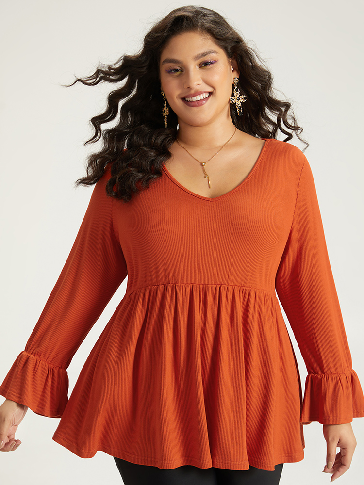 Plus Size Women Festival-Halloween Plain Plain Ruffle Sleeve Long Sleeve V-neck Elegant T-shirts BloomChic 