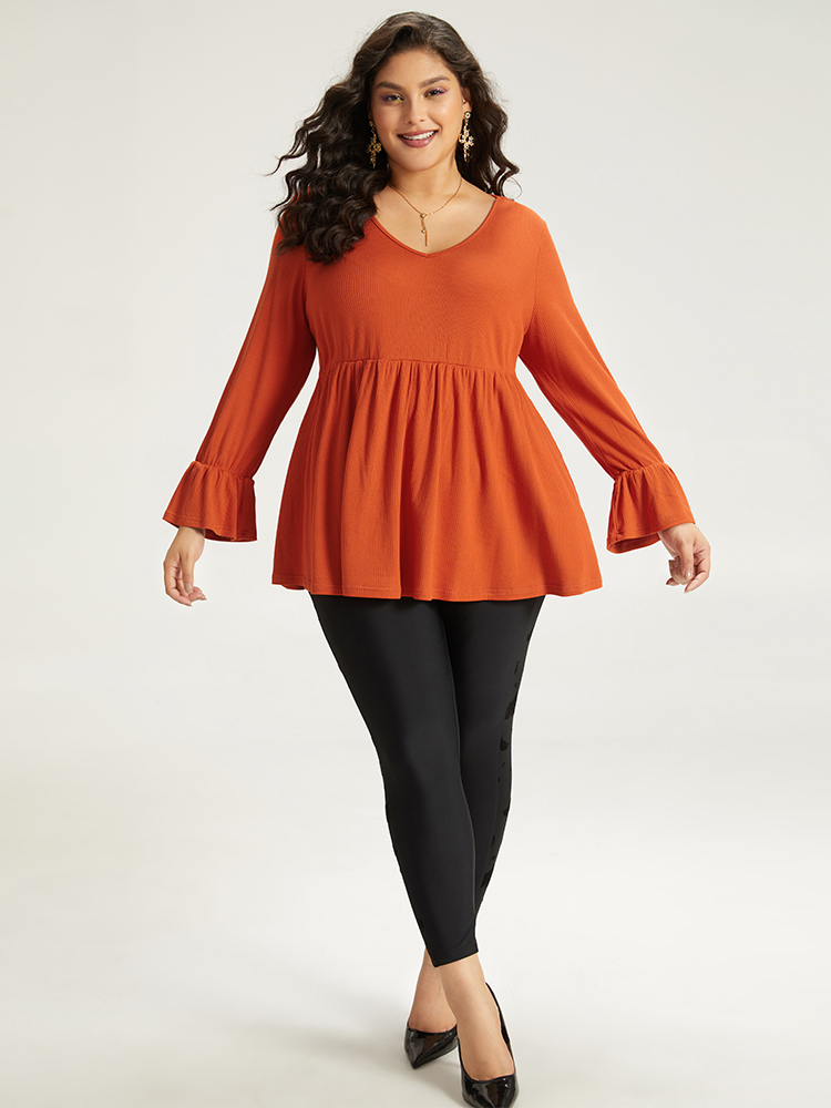 Plus Size Women Festival-Halloween Plain Plain Ruffle Sleeve Long Sleeve V-neck Elegant T-shirts BloomChic 