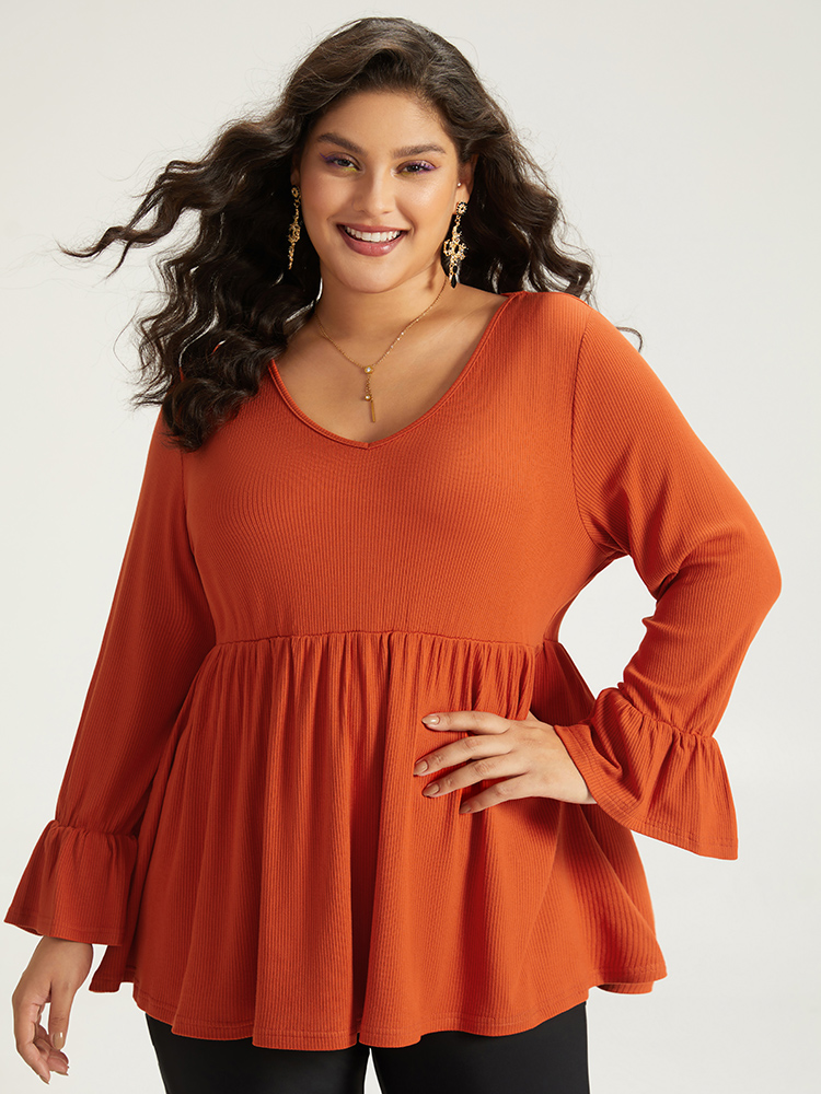 

Plus Size Halloween Plain V Neck Gathered Ruffle Sleeve T-shirt OrangeRed V-neck Long Sleeve Elegant Jersey Tops