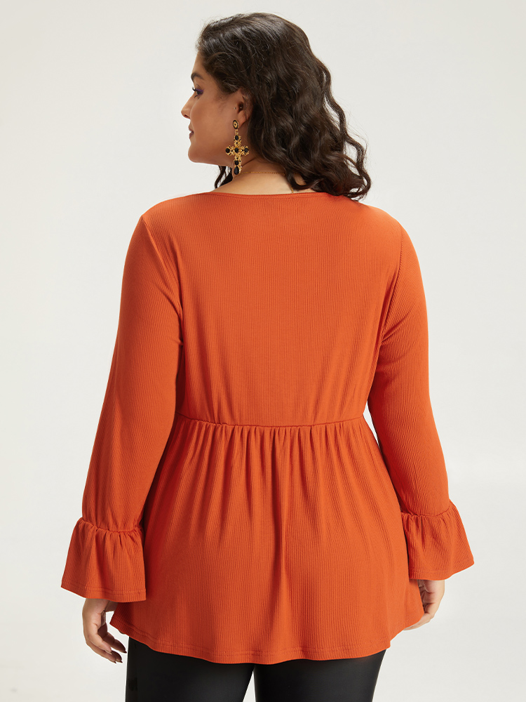 Plus Size Women Festival-Halloween Plain Plain Ruffle Sleeve Long Sleeve V-neck Elegant T-shirts BloomChic 