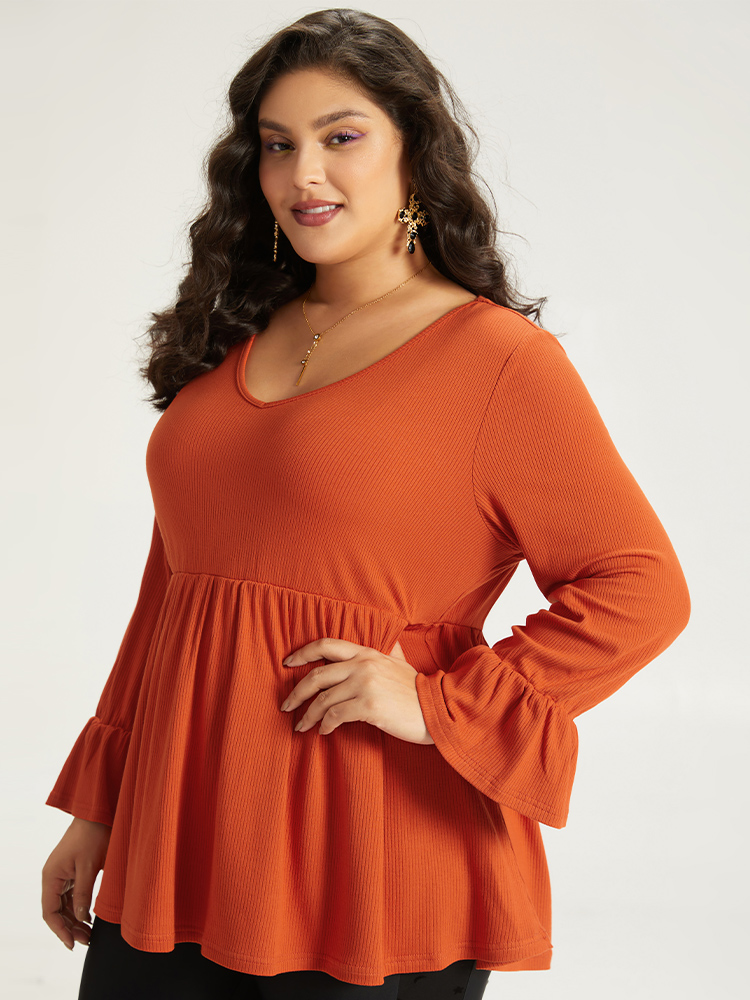Plus Size Women Festival-Halloween Plain Plain Ruffle Sleeve Long Sleeve V-neck Elegant T-shirts BloomChic 