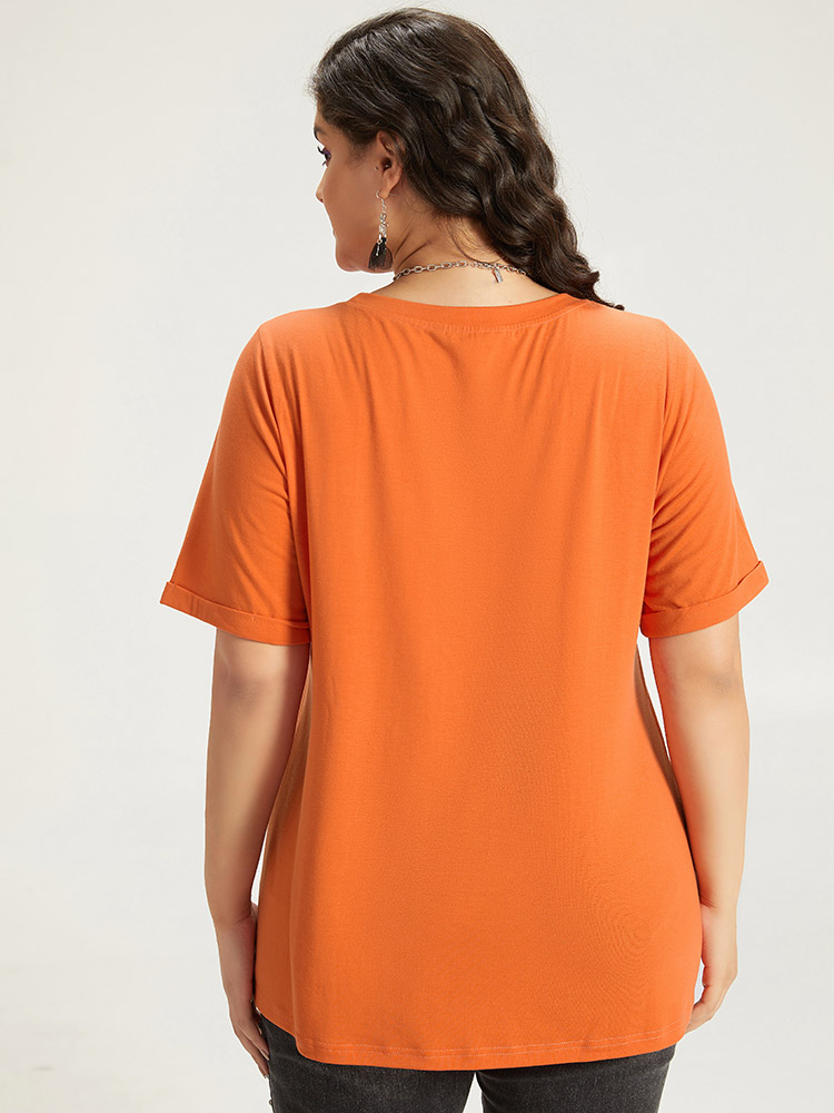 Plus Size Halloween Graphic Roll Sleeve Crew Neck T-shirt OrangeRed Women Casual Printed Halloween Festival-Halloween T-shirts BloomChic 22-24/3X 