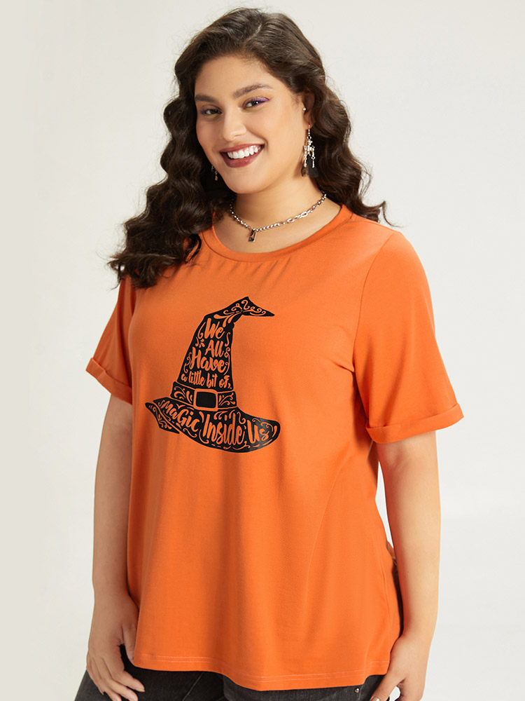 Plus Size Halloween Graphic Roll Sleeve Crew Neck T-shirt OrangeRed Women Casual Printed Halloween Festival-Halloween T-shirts BloomChic 22-24/3X 