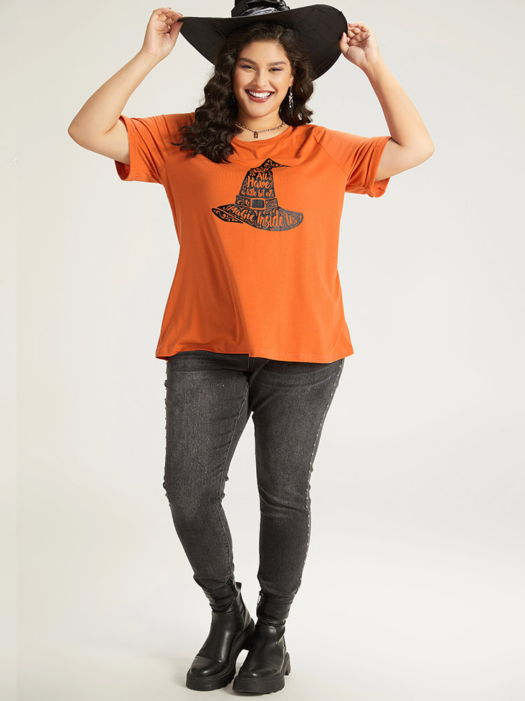 Plus Size Halloween Graphic Roll Sleeve Crew Neck T-shirt OrangeRed Women Casual Printed Halloween Festival-Halloween T-shirts BloomChic 22-24/3X 