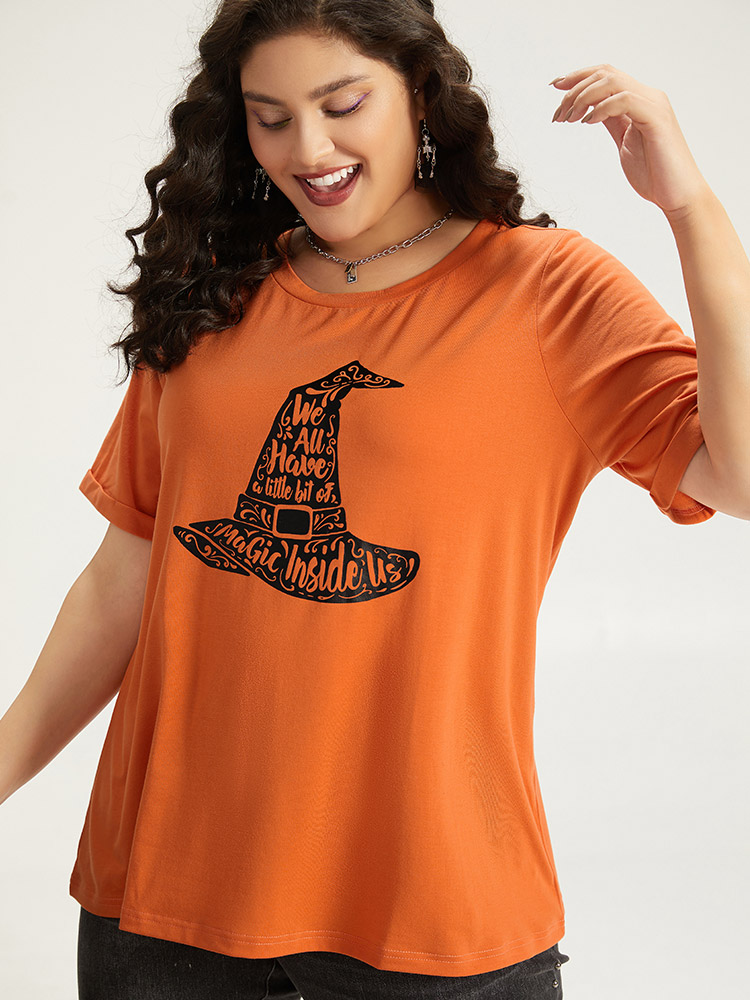 Plus Size Halloween Graphic Roll Sleeve Crew Neck T-shirt OrangeRed Women Casual Printed Halloween Festival-Halloween T-shirts BloomChic 22-24/3X 
