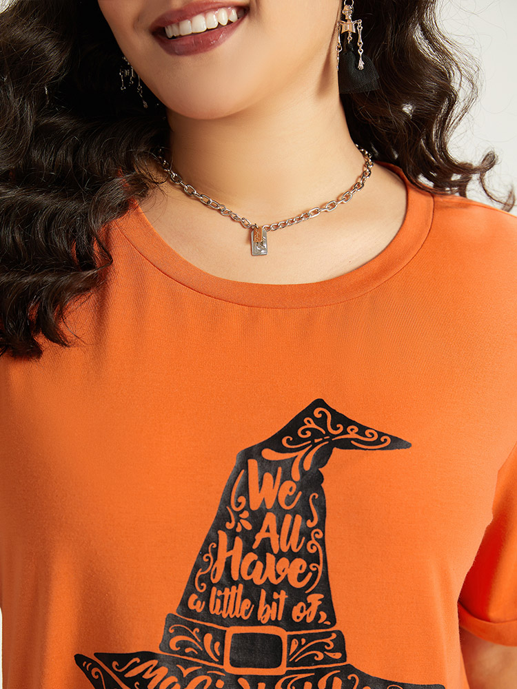 Plus Size Halloween Graphic Roll Sleeve Crew Neck T-shirt OrangeRed Women Casual Printed Halloween Festival-Halloween T-shirts BloomChic 22-24/3X 
