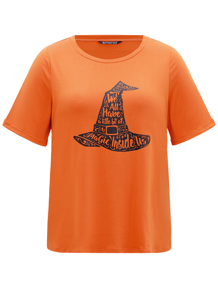 Plus Size Halloween Graphic Roll Sleeve Crew Neck T-shirt OrangeRed Women Casual Printed Halloween Festival-Halloween T-shirts BloomChic 22-24/3X 