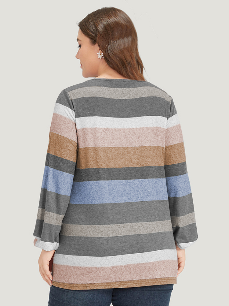 

Plus Size Colour Striped Contrast Crisscross Lantern Sleeve T-shirt LightBrown Women Casual Elastic cuffs Striped V-neck Dailywear T-shirts BloomChic