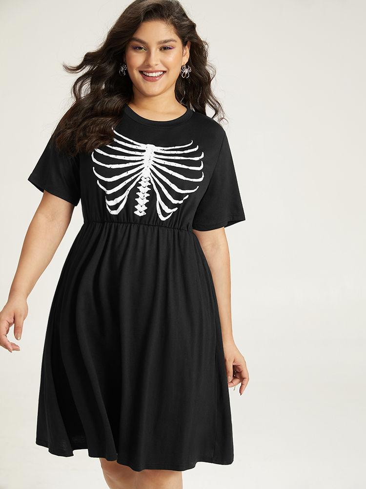 

Plus Size Halloween Skull Print Pocket Elastic Waist Dress Black Women Casual Gathered Curvy Midi Dress BloomChic