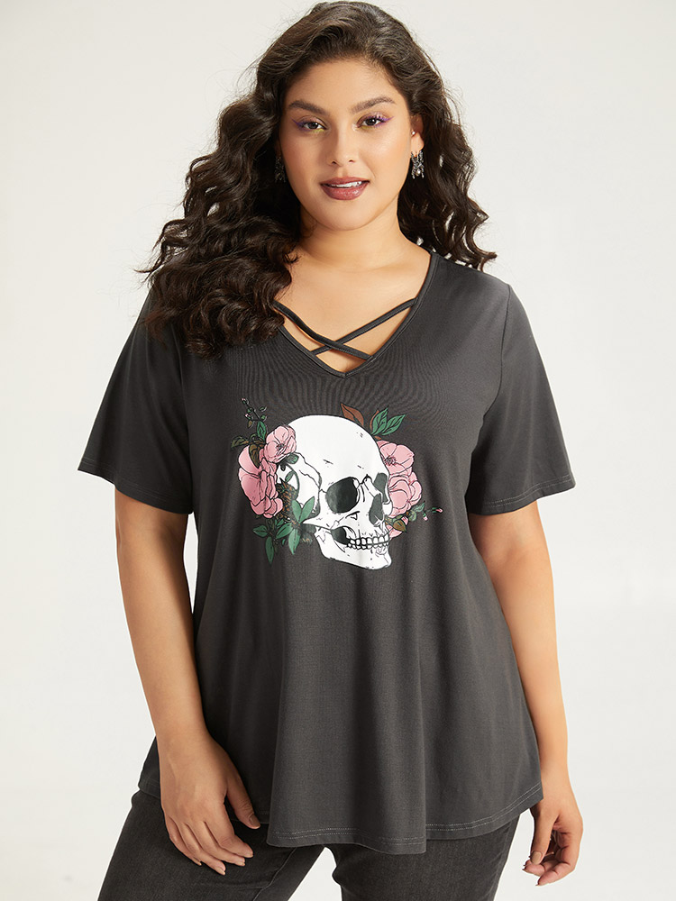 

Plus Size Halloween Skull Print Crisscross V Neck T-shirt DimGray Women Casual Printed Halloween Festival-Halloween T-shirts BloomChic