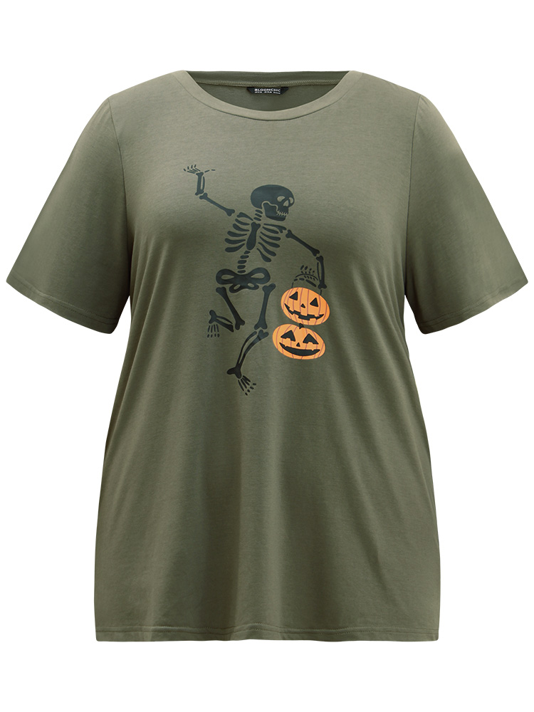 

Plus Size Halloween Skull Print Crew Neck T-shirt ArmyGreen Women Casual Printed Halloween Round Neck Festival-Halloween T-shirts BloomChic