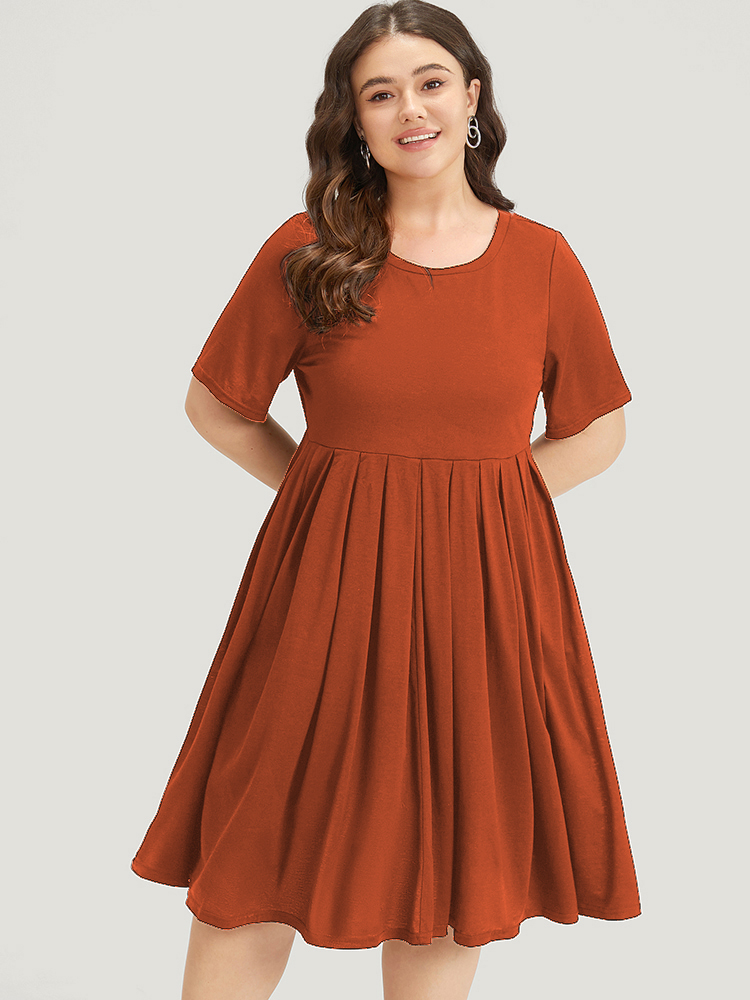 Plus Size Supersoft Essentials Solid Pleated Round Neck Midi Dress Chocolate Women Casual Plain Round Neck Short sleeve Curvy Midi Dress BloomChic 30/6X 