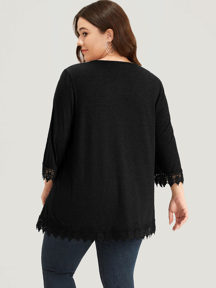 Plus Size Women Dailywear Plain Button Regular Sleeve Elbow-length sleeve V-neck Elegant T-shirts BloomChic 