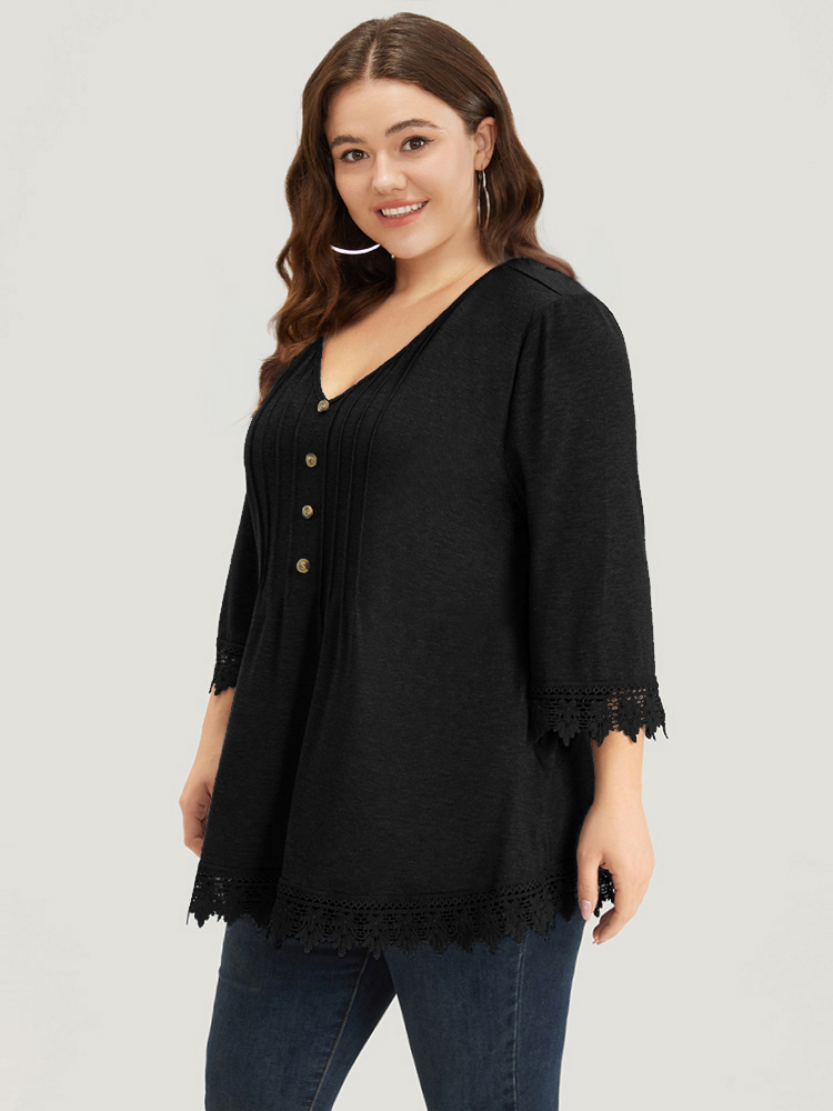 Plus Size Women Dailywear Plain Button Regular Sleeve Elbow-length sleeve V-neck Elegant T-shirts BloomChic 