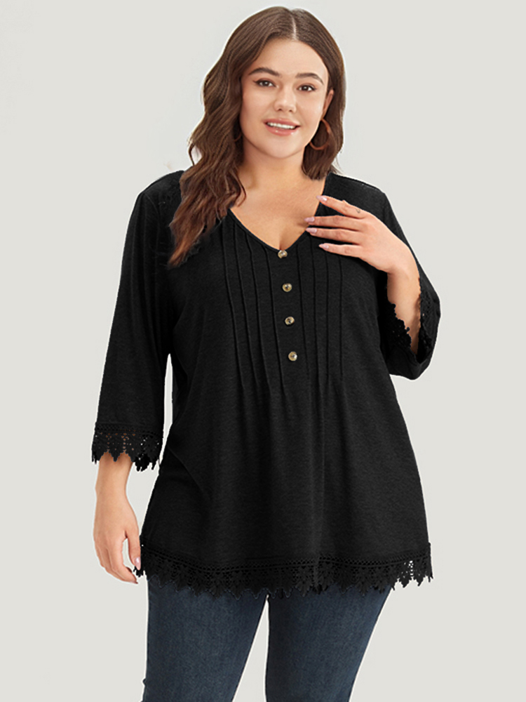 Plus Size Women Dailywear Plain Button Regular Sleeve Elbow-length sleeve V-neck Elegant T-shirts BloomChic 