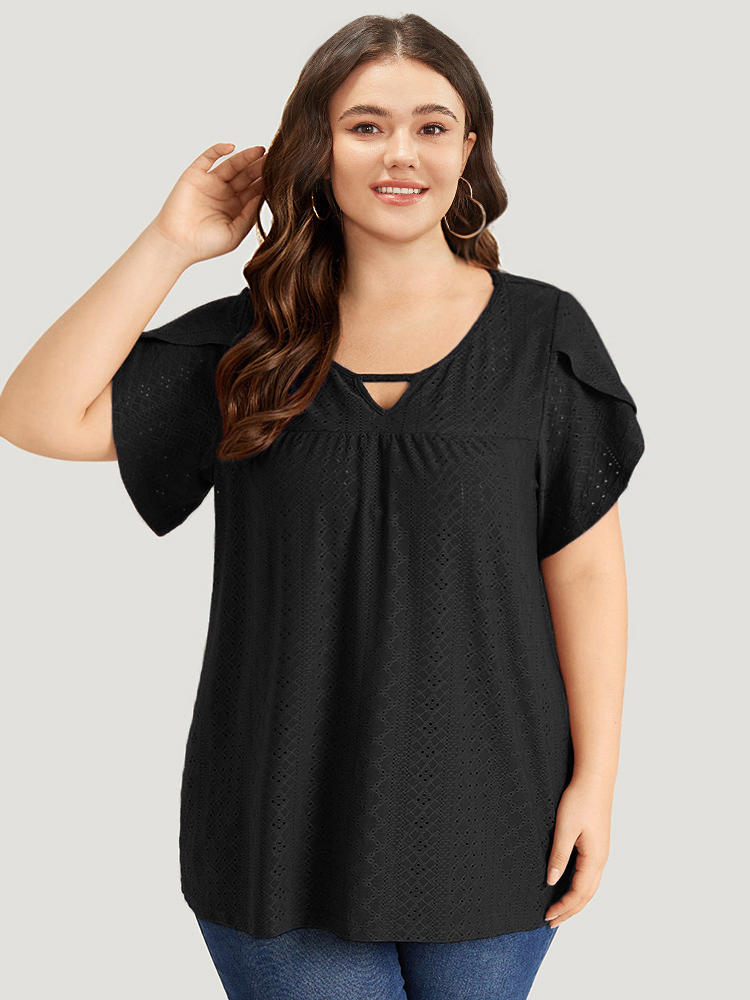 

Plus Size Plain Geometric Eyelet Keyhole Petal Sleeve T-shirt Black Keyhole Cut-Out Short sleeve Elegant Jersey Tops