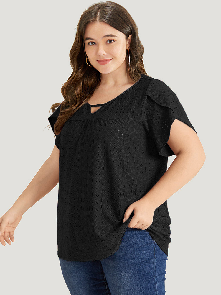 

Plus Size Plain Geometric Eyelet Keyhole Petal Sleeve T-shirt Black Keyhole Cut-Out Short sleeve Elegant Jersey Tops