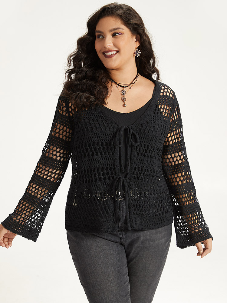 Plus Size Halloween Plain Hollow Out Ties Open Front Cardigan Black Women Casual Loose Long Sleeve Festival-Halloween Cardigans BloomChic 26/4X 