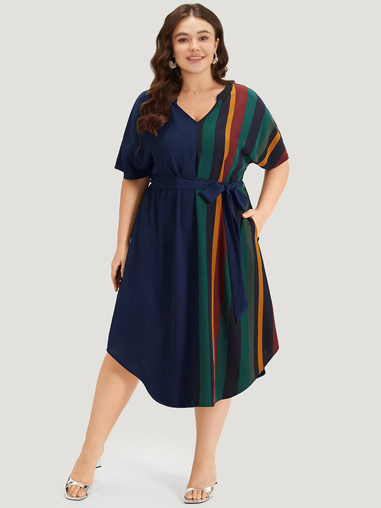 

Plus Size Striped Patchwork Notched Belted Pocket Dress DarkBlue Women Office Belted Notched collar Short sleeve Curvy Midi Dress BloomChic