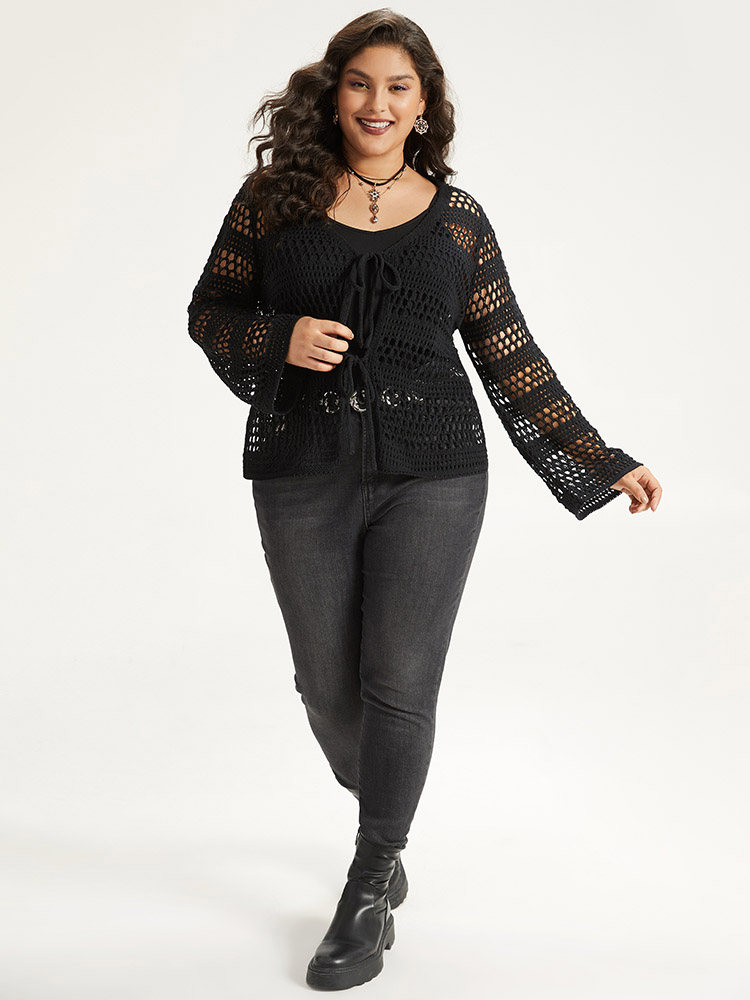 Plus Size Halloween Plain Hollow Out Ties Open Front Cardigan Black Women Casual Loose Long Sleeve Festival-Halloween Cardigans BloomChic 26/4X 