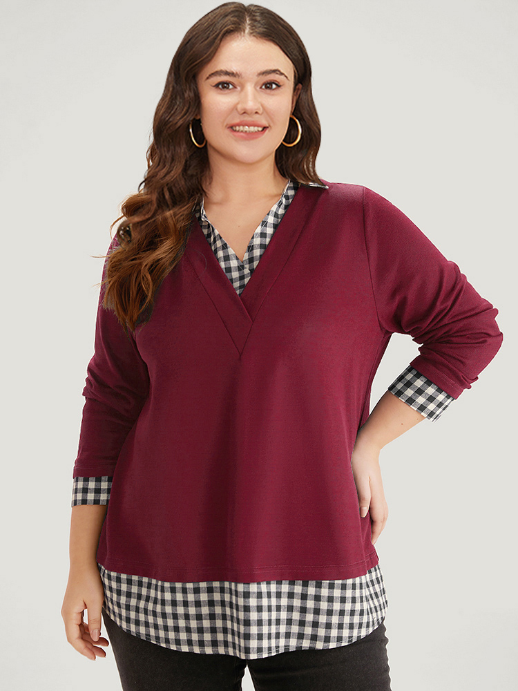 

Plus Size Gingham Patchwork Shirt Collar Arc Hem Sweatshirt Women Scarlet Casual Patchwork Shirt collar Everyday Sweatshirts BloomChic