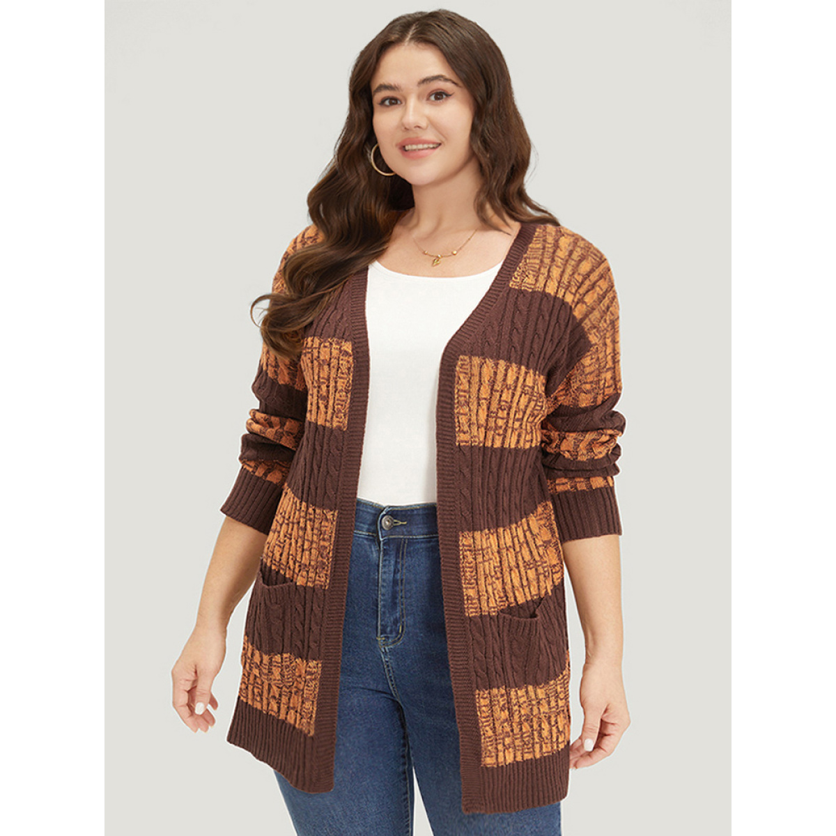 

Plus Size Halloween Colorblock Cable Knit Patched Pocket Cardigan Chocolate Women Casual Loose Long Sleeve Festival-Halloween Cardigans BloomChic