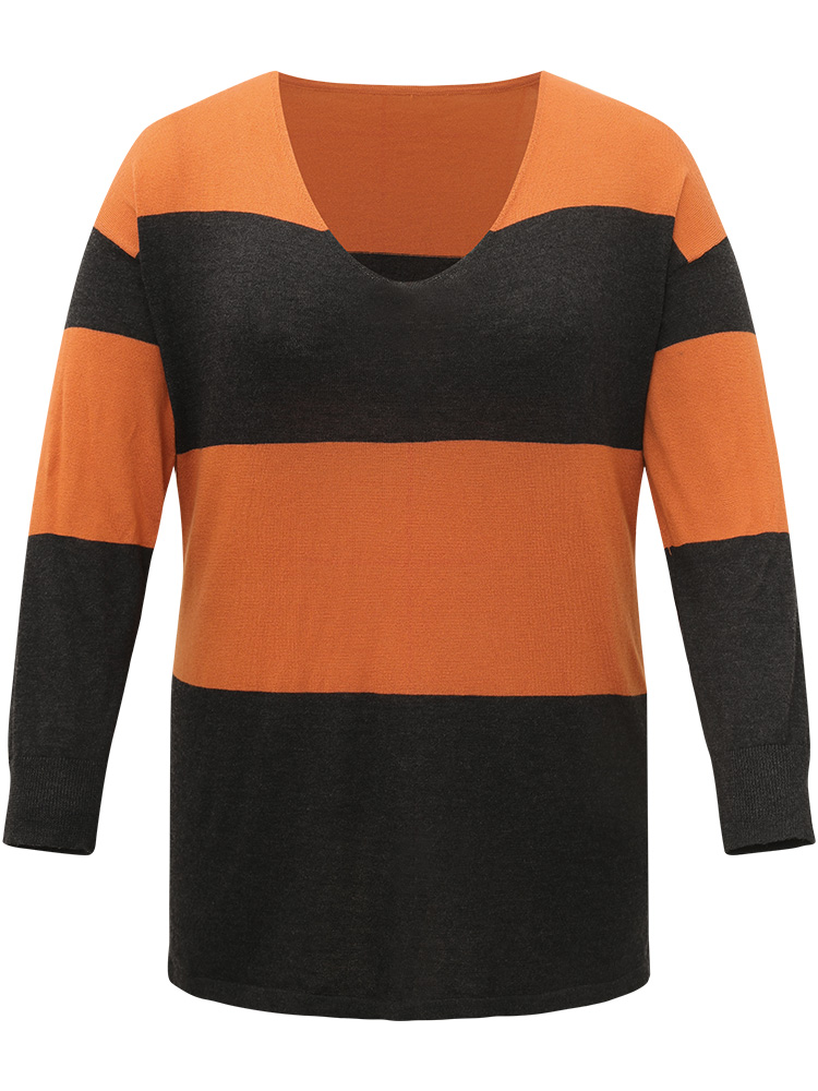 

Plus Size Halloween Supersoft Essentials Colorblock Contrast Elastic Cuffs Pullover Orange Women Casual Loose Long Sleeve V-neck Everyday Pullovers BloomChic