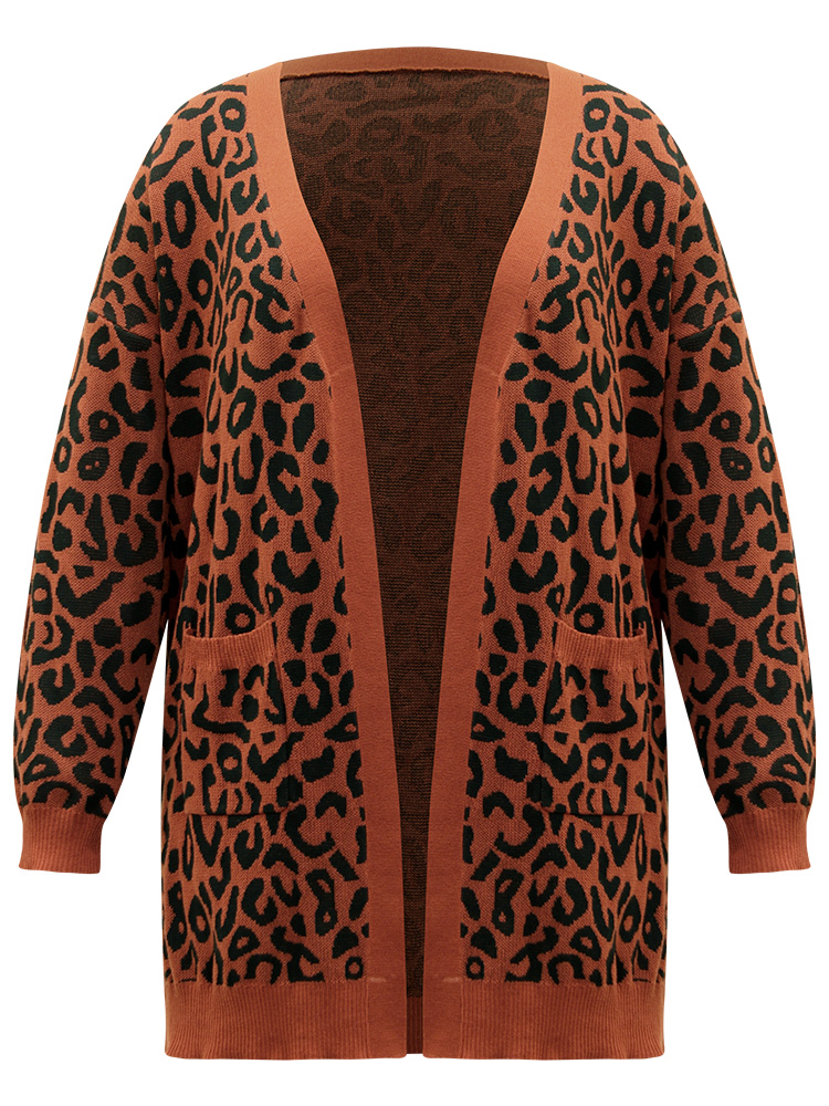 

Plus Size Halloween Leopard Print Patched Pocket Split Side Cardigan Leopard Women Casual Loose Long Sleeve Festival-Halloween Cardigans BloomChic