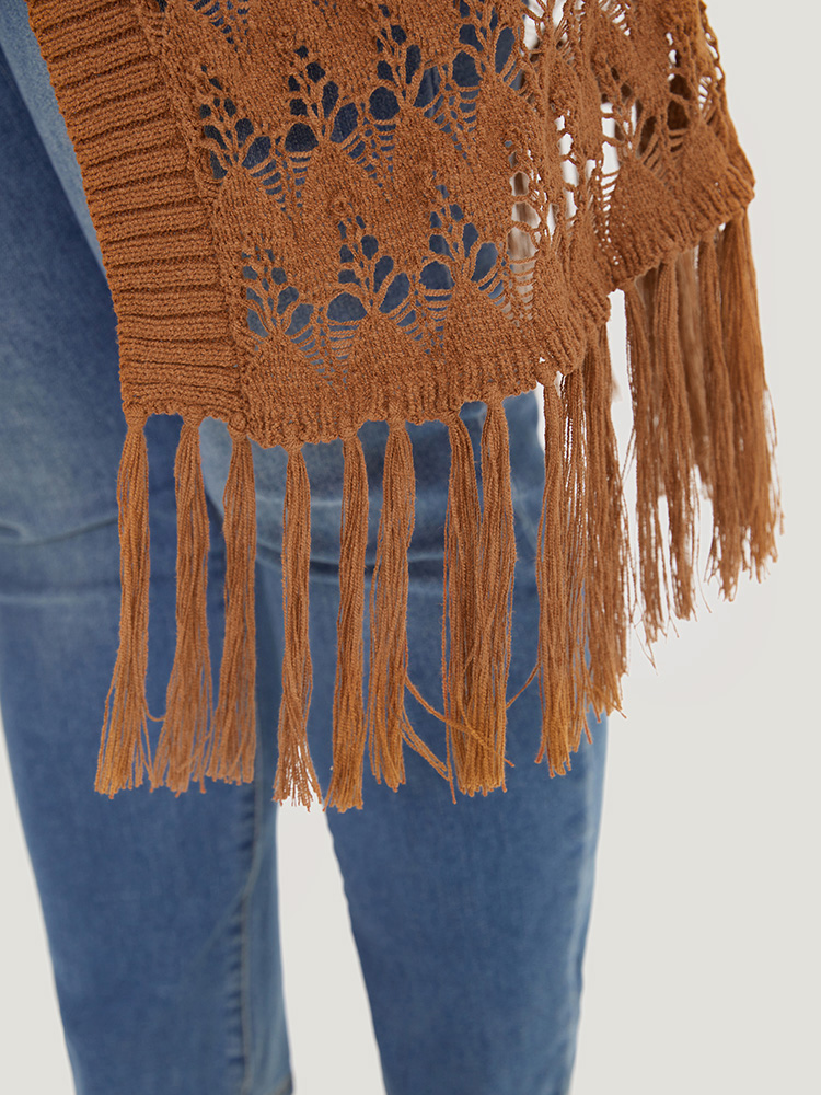 

Plus Size Plain Hollow Out Fringe Trim Cardigan Chocolate Women Casual Loose Short sleeve Dailywear Cardigans BloomChic