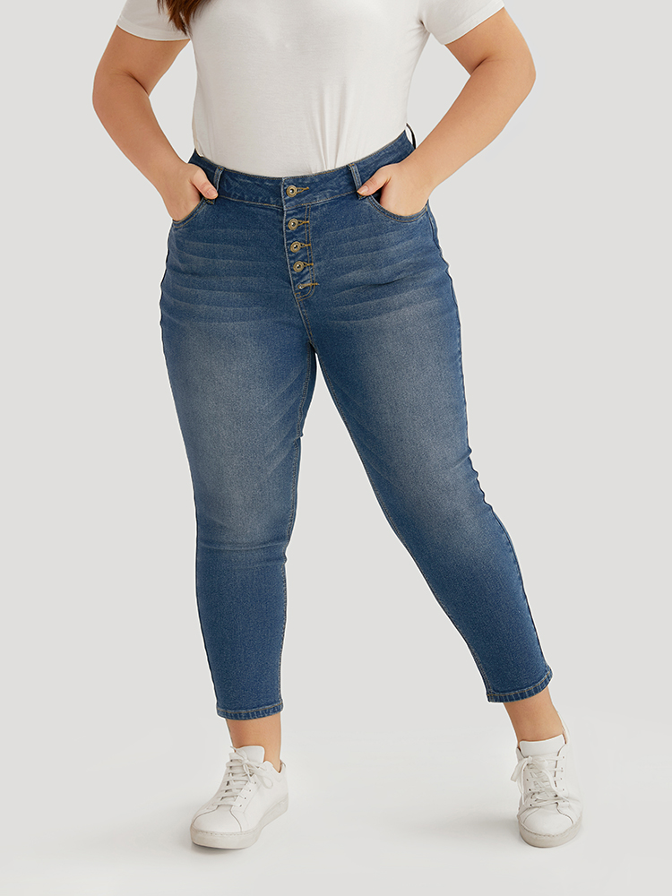 

Plus Size Plain Button Fly High Rise Medium Wash Jeans Women Blue Casual Plain Plain High stretch Pocket Jeans BloomChic