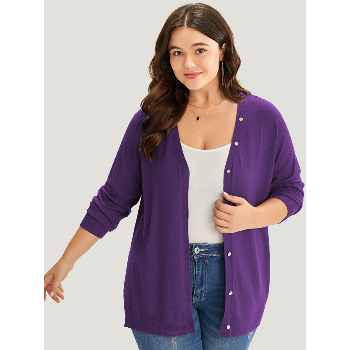 

Plus Size Supersoft Essentials Plain Button Detail Very Stretchy Cardigan Blackcurrant Women Casual Loose Long Sleeve Everyday Cardigans BloomChic