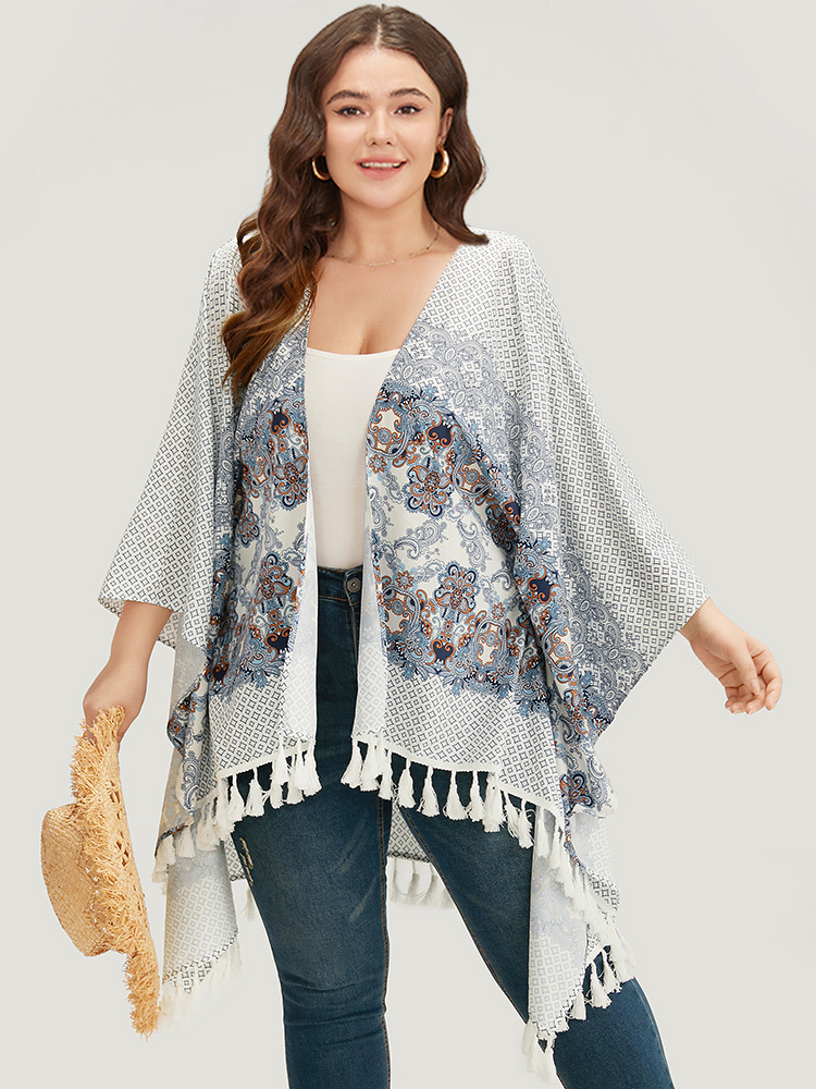 

Plus Size Bandana Print Tassels Trim Batwing Sleeve Kimono Women WhiteSmoke Casual Tassels Loose Dailywear Kimonos BloomChic