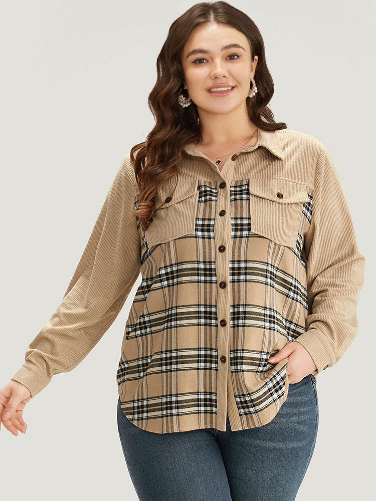 

Plus Size Plaid Pocket Button Through Patchwork Shirt Collar Coat Women Tan Texture Pocket Dailywear Jackets BloomChic