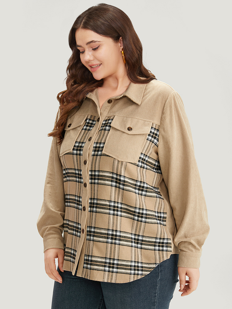 

Plus Size Plaid Pocket Button Through Patchwork Shirt Collar Coat Women Tan Texture Pocket Dailywear Jackets BloomChic