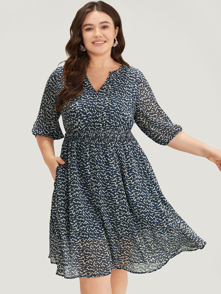 

Plus Size Bird Print Notched Shirred Lantern Sleeve Dress Blue Women Office Elastic cuffs Notched collar Half Sleeve Curvy Midi Dress BloomChic