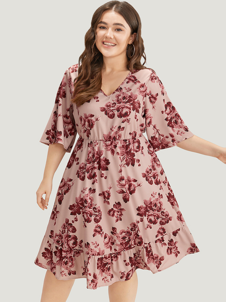 

Plus Size Floral Print Pocket Flounce Sleeve Ruffle Dress DustyPink Women Elegant Printed V-neck Half Sleeve Curvy Midi Dress BloomChic