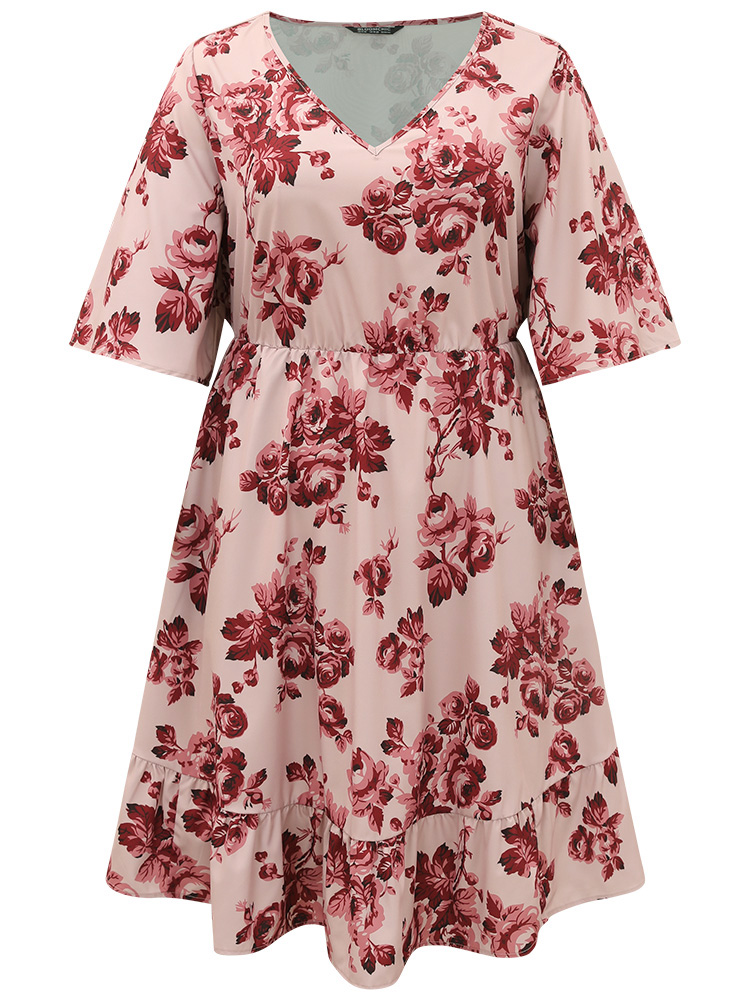 

Plus Size Floral Print Pocket Flounce Sleeve Ruffle Dress DustyPink Women Elegant Printed V-neck Half Sleeve Curvy Midi Dress BloomChic