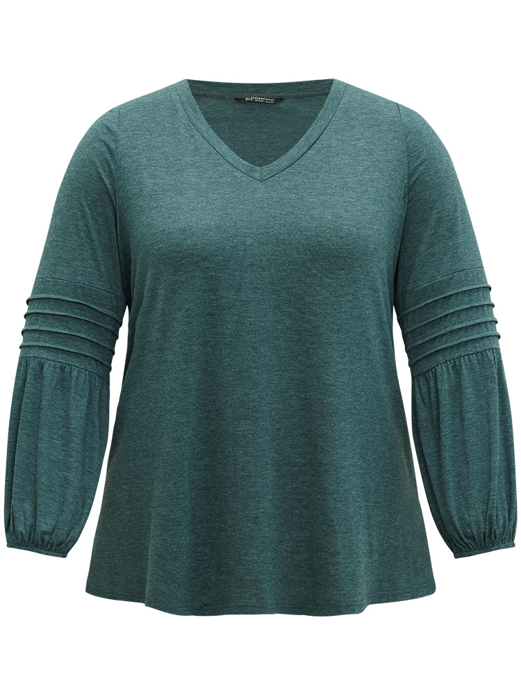 

Plus Size Plain V Neck Gathered Elastic Waist Pleated T-shirt DarkGreen Women Elegant Elastic cuffs Plain V-neck Dailywear T-shirts BloomChic