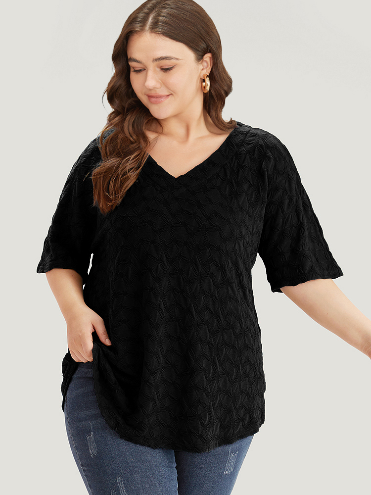 

Plus Size Plain Textured V Neck Half Sleeve T-shirt Black Women Elegant Texture Plain V-neck Dailywear T-shirts BloomChic