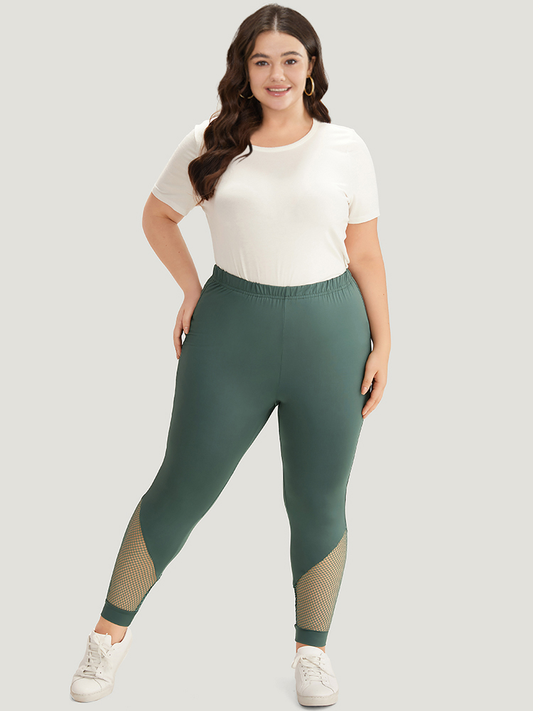 Plus Size Solid Patchwork Cut Out Elastic Waist Leggings Women DarkGreen Casual High stretch Skinny High Rise Dailywear Leggings BloomChic 28/5X 