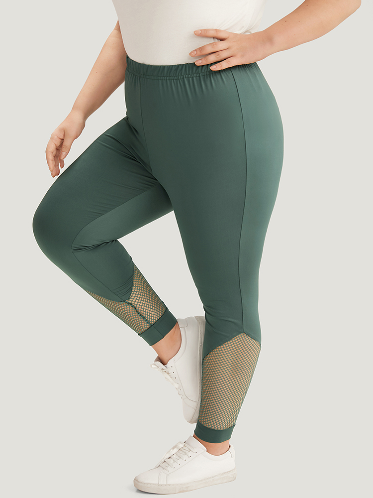 Plus Size Solid Patchwork Cut Out Elastic Waist Leggings Women DarkGreen Casual High stretch Skinny High Rise Dailywear Leggings BloomChic 28/5X 