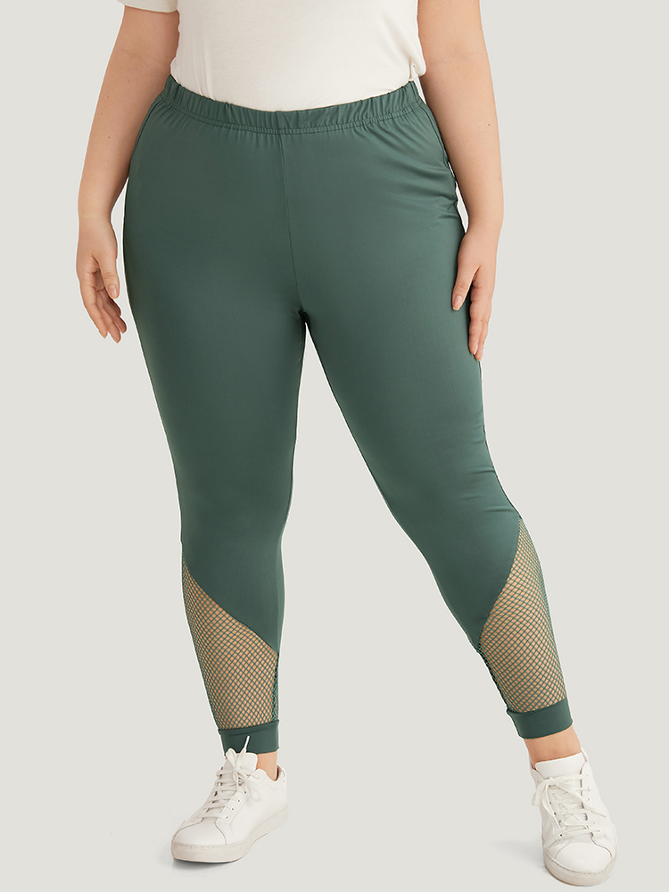 Plus Size Solid Patchwork Cut Out Elastic Waist Leggings Women DarkGreen Casual High stretch Skinny High Rise Dailywear Leggings BloomChic 28/5X 