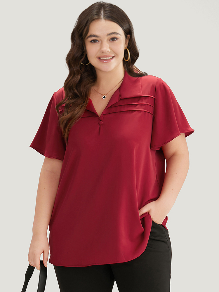 

Plus Size Scarlet Plain Shirt Collar Button Detail Pleated Blouse Women Office Short sleeve Shirt collar Work Blouses BloomChic