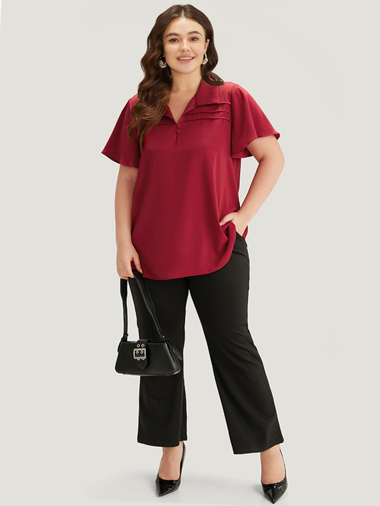 

Plus Size Scarlet Plain Shirt Collar Button Detail Pleated Blouse Women Office Short sleeve Shirt collar Work Blouses BloomChic